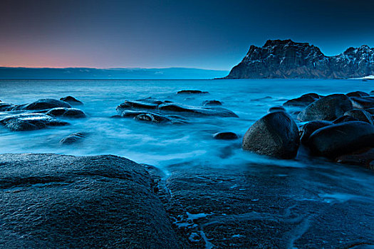 日落,峡湾,罗弗敦群岛,挪威,欧洲