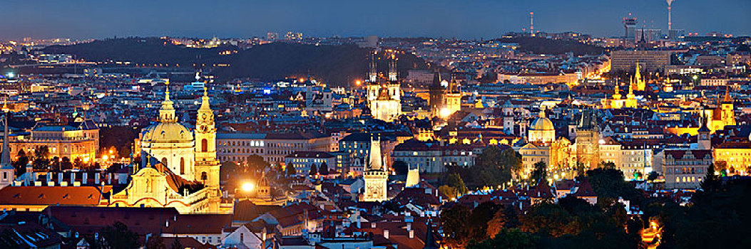 布拉格,天际线,屋顶,风景,古建筑,夜晚,捷克共和国