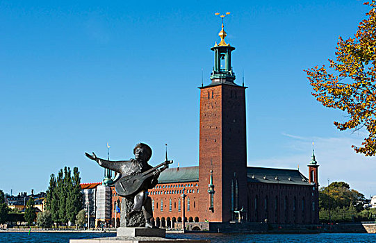 斯德哥尔摩,瑞典,市区,市政厅,音乐,雕塑,靠近,水,城市,湖