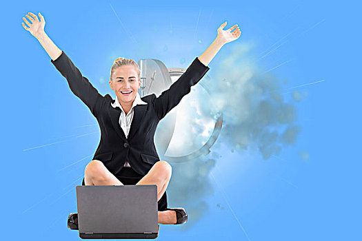 职业女性,坐,正面,笔记本电脑,抬臂