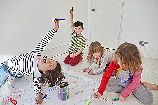 玩耍,孩子,绘画,纸,坐在地板上