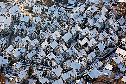老城,雪地,半木结构房屋,木料,冬天,雪,藻厄兰,北莱茵威斯特伐利亚,德国