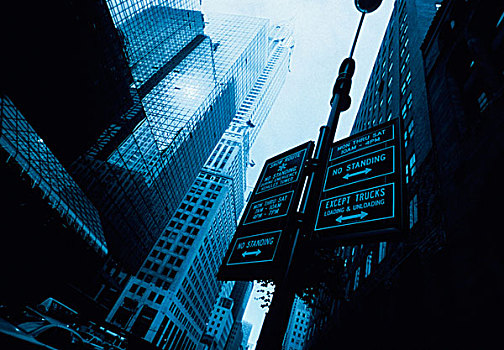 仰视,摩天大楼,写字楼,路标,展示,停放,纽约