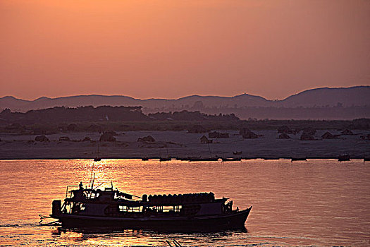 缅甸,曼德勒,伊洛瓦底江,船,日落