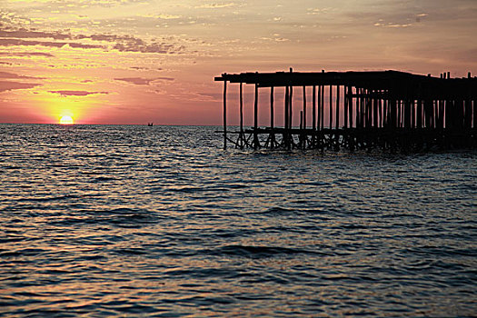 日落,海洋,木质,码头,前景,柬埔寨