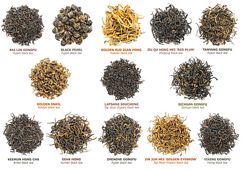 红茶,收集,著名,中国,品种,红色,隔绝,白色背景,俯视
