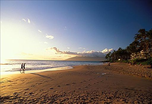 夏威夷,毛伊岛,海滩,日落,海洋,反射,走,海岸线