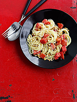 碗,西红柿,意大利面,蒜