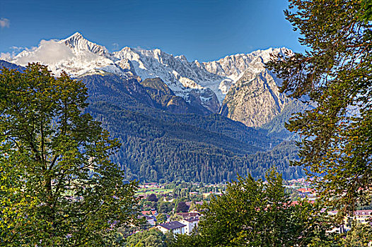风景,上方,加米施帕藤基兴,山,阿尔卑斯峰,楚格峰,上巴伐利亚,巴伐利亚,德国