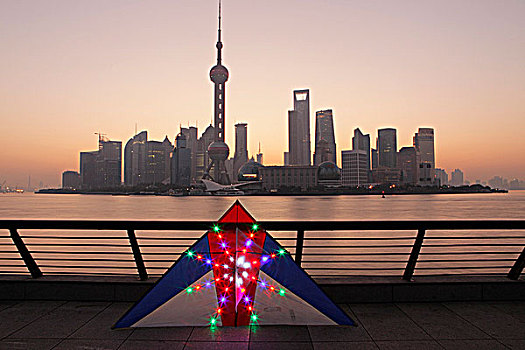 照亮,风筝,天际线,上海,背景,中国