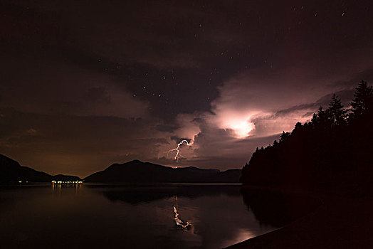 闪电,雷击,山,左边,乡村,湖,瓦尔幸湖,前景