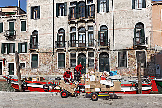 船,包装,水道,邮件,卸下,威尼斯人,包裹,柱子,威尼斯,威尼托,意大利,欧洲