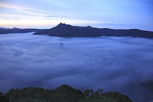 模糊,湖,山,黎明,阿寒国家公园