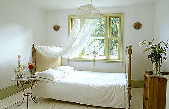 浪漫,卧室,透明,篷子,上方,双人床,大理石,上面,床头柜,晴朗,窗户