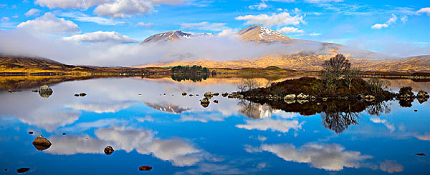 苏格兰,阿盖尔郡,兰诺克沼泽,全景,稀有,组合,云,镜子,反射,薄雾,慢,围绕,山峦