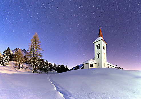 全景,教会,夜晚,山谷,恩加丁,瑞士