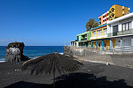 彩色,房子,黑色背景,火山,海滩,帕尔玛,圣克鲁斯-德特内里费,加纳利群岛