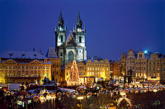 大教堂,圣诞市场,老城广场,黃昏,布拉格,捷克共和国,欧洲