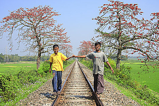 孩子,跑,铁路线,孟加拉,二月,2007年