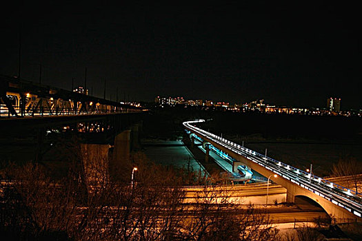 艾伯塔省,加拿大,桥,北方,萨斯喀彻温,河,夜晚