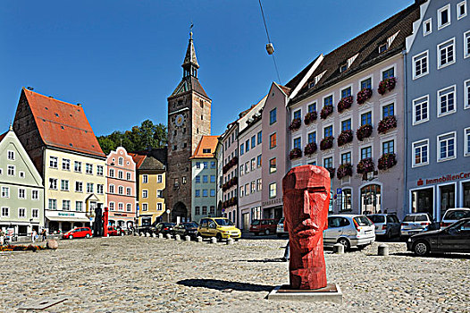 木质,雕塑,狼,塔,兰茨贝格,巴伐利亚,德国,欧洲