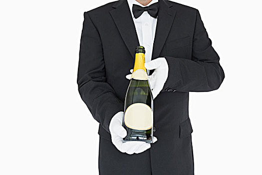 服务员,拿着,打开,香槟酒瓶,白色背景,背景