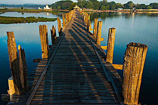 柚木,桥,陶塔曼湖,日出,城堡,塔,远景,阿马拉布拉,曼德勒,缅甸,大幅,尺寸