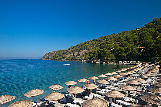 平台,椅子,伞,海滩,山坡,靠近,费特希耶,土耳其,爱琴海,海岸