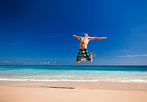 男人,跳跃,海滩