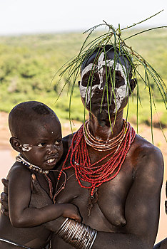 美女,幼儿,头部,项链,卡罗部落,奥莫河,南方,区域,埃塞俄比亚,非洲