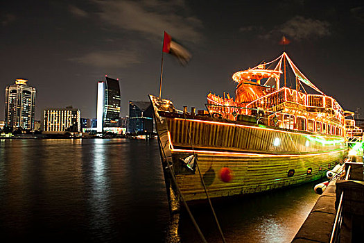 迪拜河,餐饭,游轮,独桅三角帆船