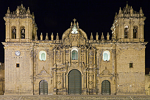 库斯科,大教堂,广场,阿玛斯,夜晚,库斯科市,世界遗产,秘鲁,南美