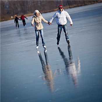 情侣,滑冰,户外,水塘
