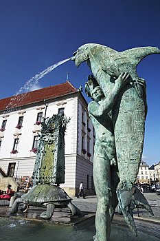 捷克共和国,摩拉维亚,奥洛摩兹,喷泉,靠近,市政厅