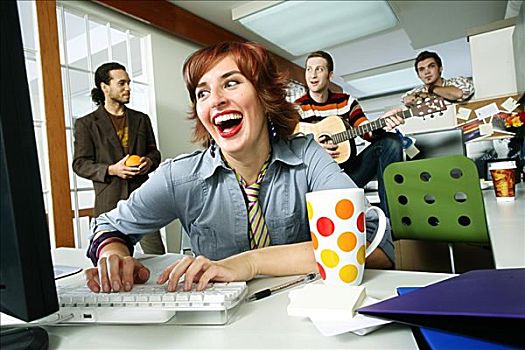 职业女性,电脑,笑,三个,商务人士,演奏,后面