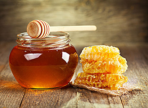 罐,蜂蜜,蜂窝,木桌子