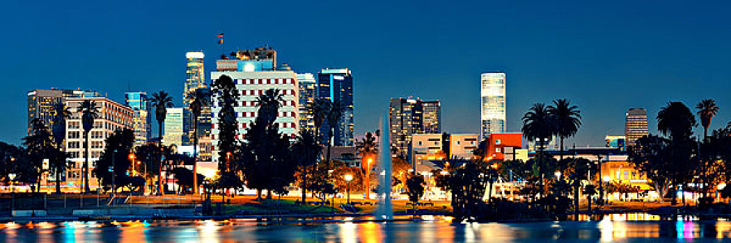 洛杉矶,市区,夜晚,城市,建筑,湖