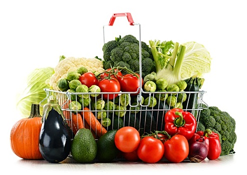 购物篮,种类,生食,有机,蔬菜,上方,白色