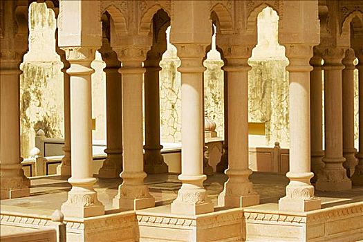 雕刻,柱子,宫殿,斋浦尔,拉贾斯坦邦,印度