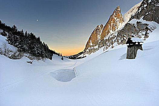 积雪,屋顶,小屋,日出,吐根堡,瑞士,欧洲