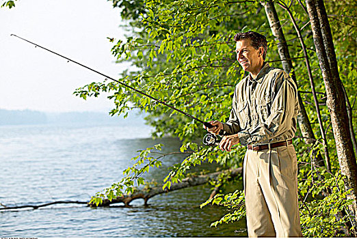 钓鱼,男人,贝尔格莱德湖区,缅因,美国