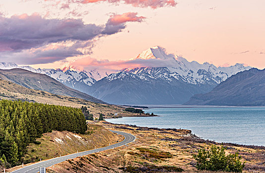 道路,风景,库克山,日落,普卡基湖,库克山国家公园,南阿尔卑斯山,坎特伯雷,南岛,新西兰,大洋洲