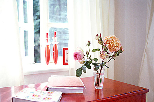 粉色,玫瑰,玻璃,书本,红色,桌子,旁侧,盛开,窗户