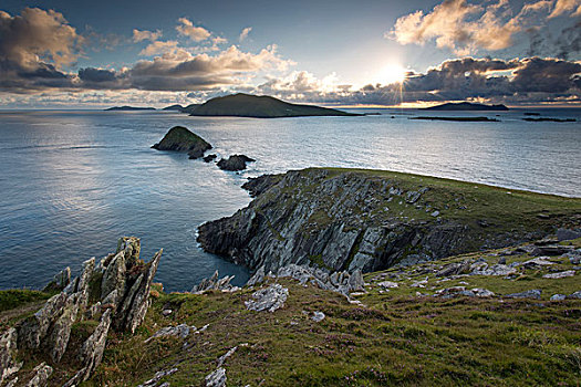 岛屿,日落,头部,丁格尔半岛,凯瑞郡,爱尔兰