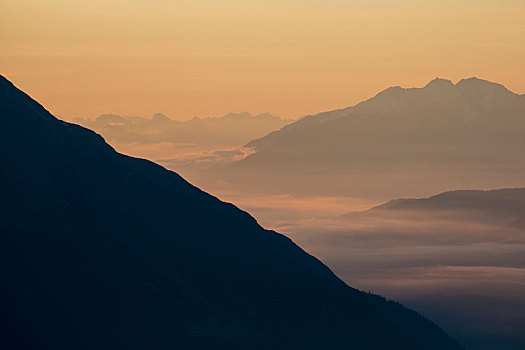 风景,晨雾,高处,旅店,山谷,顶峰,提洛尔,奥地利
