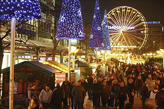 圣诞市场,晚上,步行区,市区,杜伊斯堡,北莱茵威斯特伐利亚,德国,欧洲