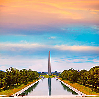 华盛顿纪念碑,日出,倒影,美国