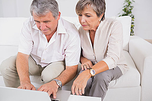 老年夫妇,笔记本电脑,起居室