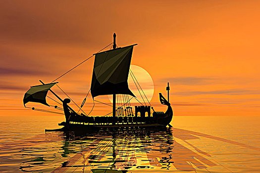 历史,帆船,日落,电脑制图