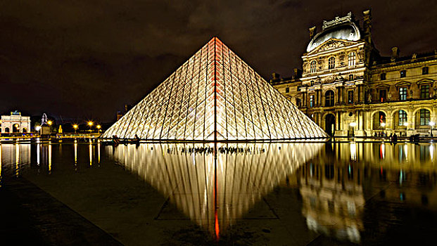 卢浮宫金字塔,正面,卢浮宫,光亮,夜晚,巴黎,法兰西岛,法国